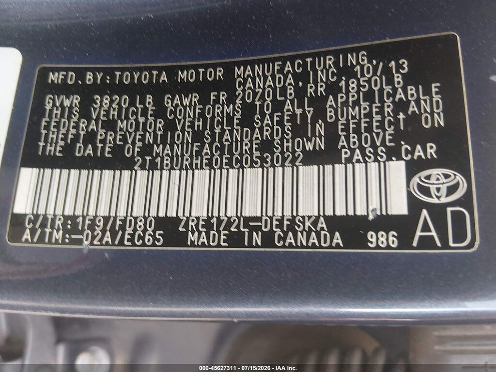 2T1BURHE0EC053022 2014 TOYOTA COROLLA photo no. 9