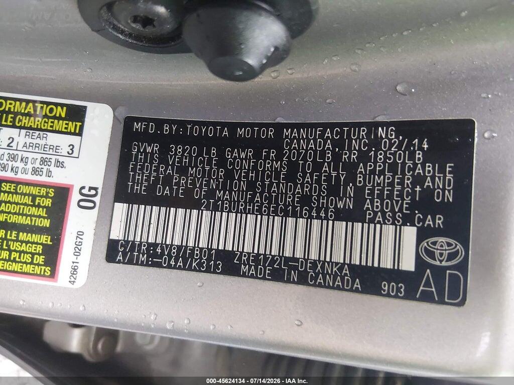 2T1BURHE6EC116446 2014 TOYOTA COROLLA photo no. 9