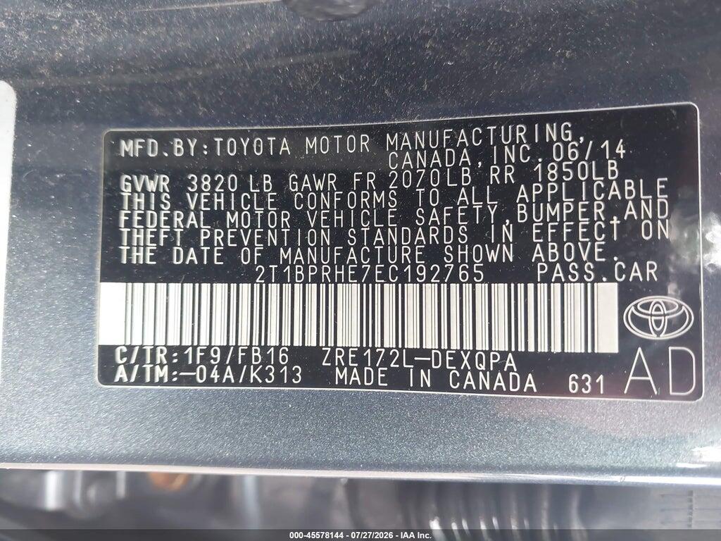 2T1BPRHE7EC192765 2014 TOYOTA COROLLA photo no. 9