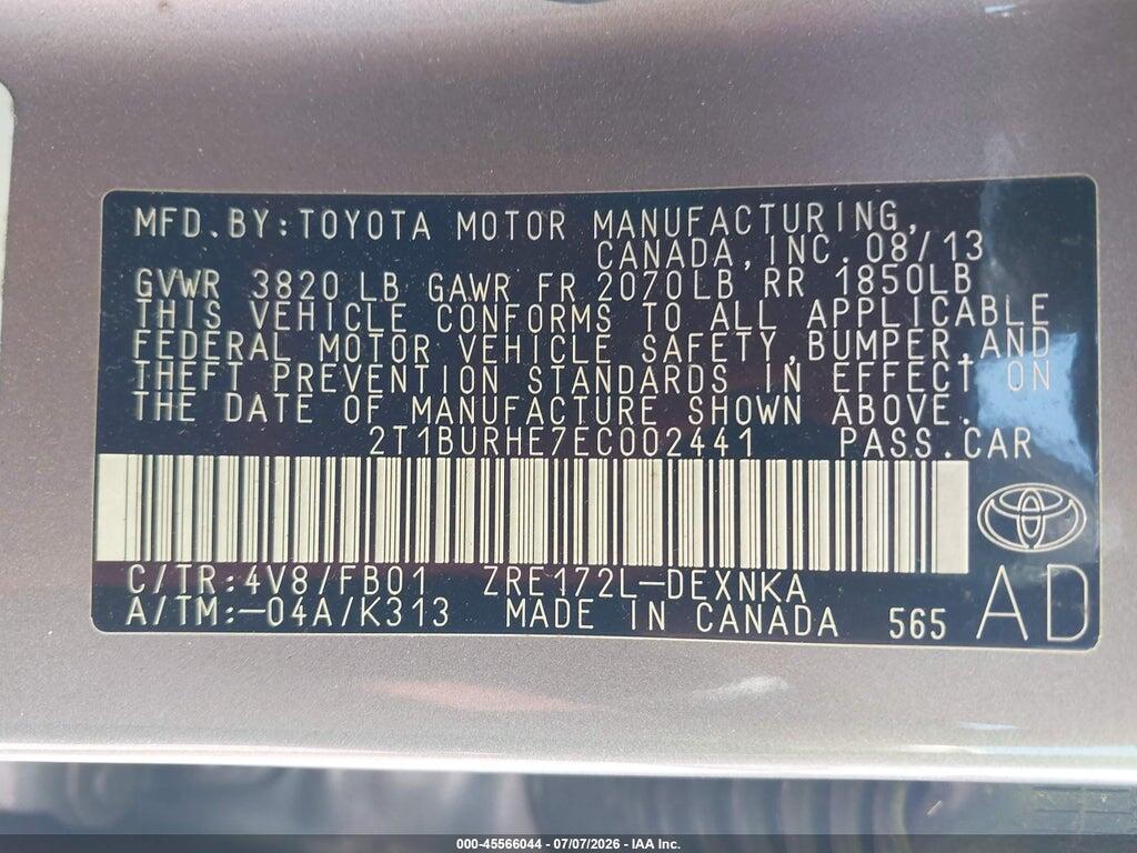 2T1BURHE7EC002441 2014 TOYOTA COROLLA photo no. 9
