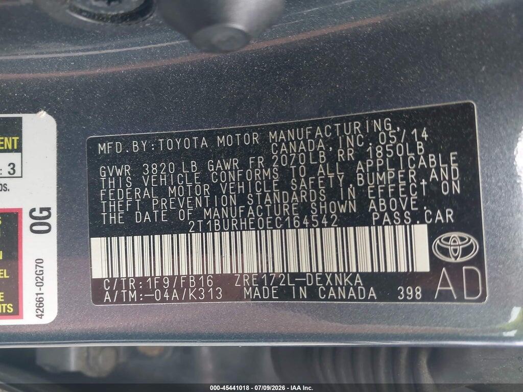 2T1BURHE0EC164542 2014 TOYOTA COROLLA photo no. 9