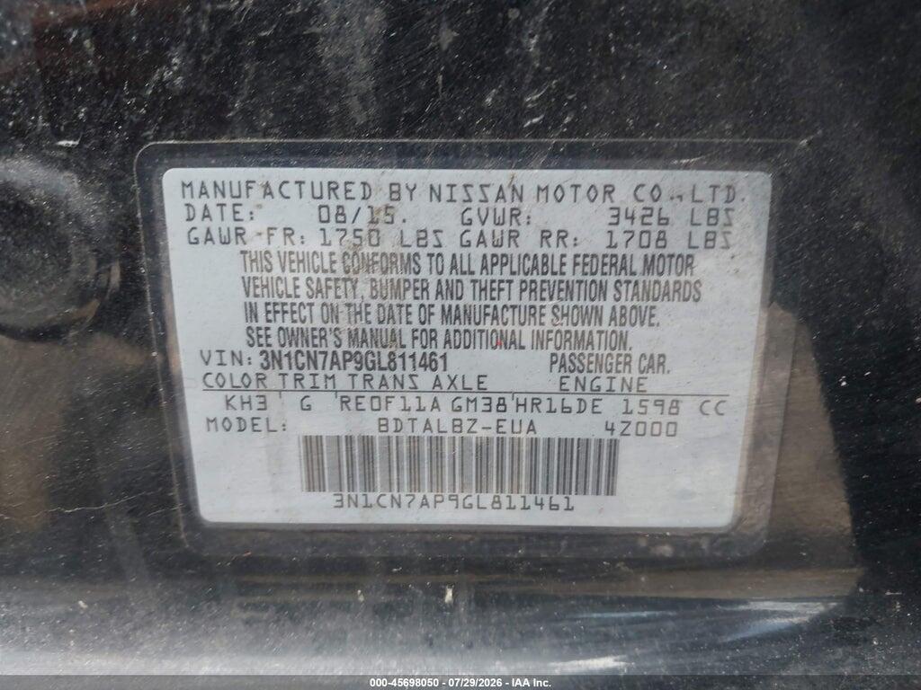 3N1CN7AP9GL811461 2016 NISSAN VERSA photo no. 9
