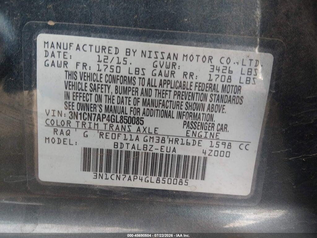 3N1CN7AP4GL850085 2016 NISSAN VERSA photo no. 9