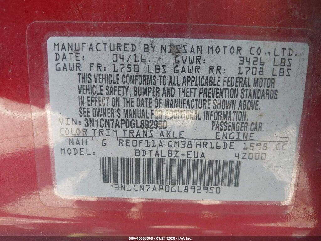 3N1CN7AP0GL892950 2016 NISSAN VERSA photo no. 9