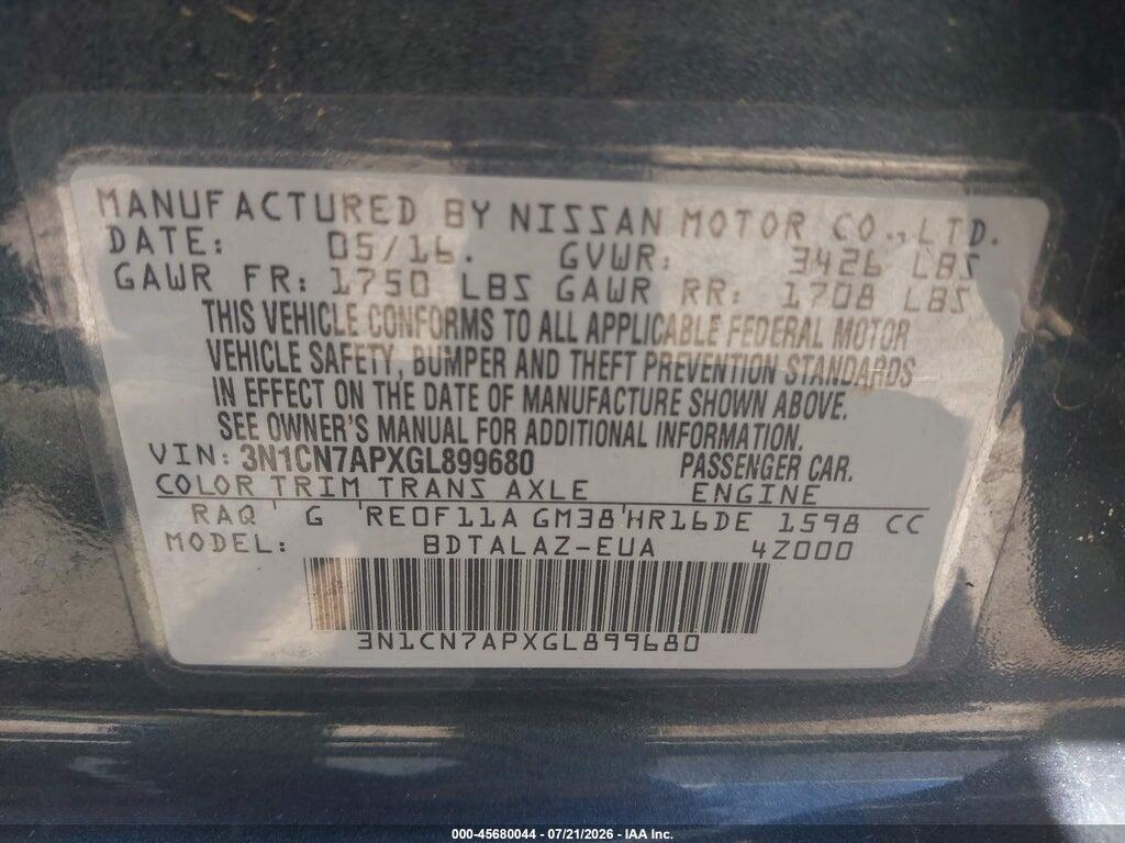 3N1CN7APXGL899680 2016 NISSAN VERSA photo no. 9