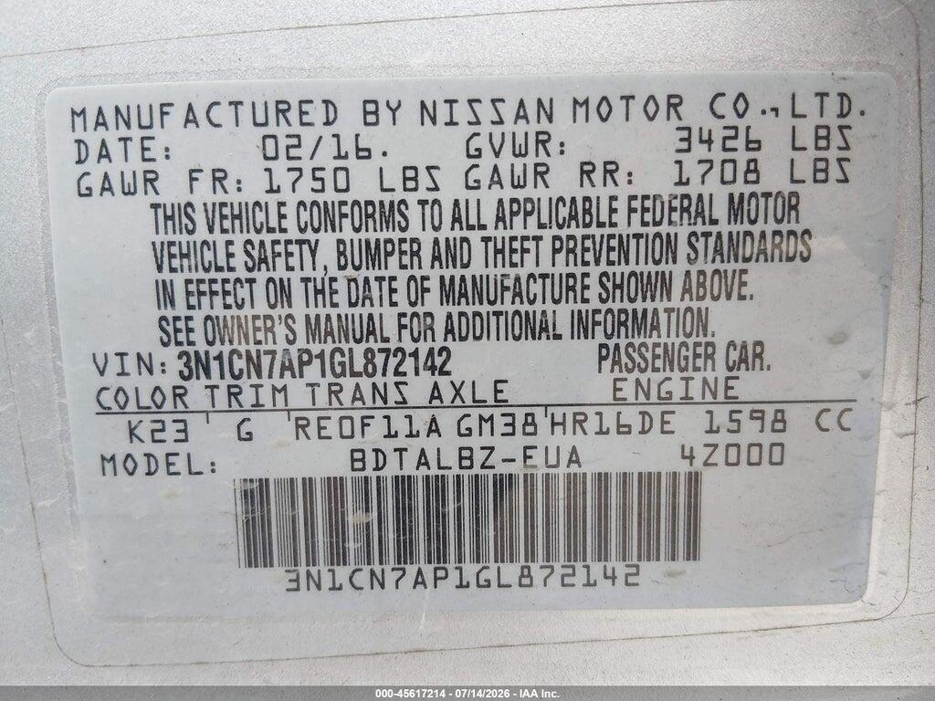 3N1CN7AP1GL872142 2016 NISSAN VERSA photo no. 9