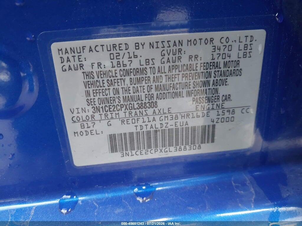3N1CE2CPXGL388308 2016 NISSAN VERSA NOTE photo no. 9