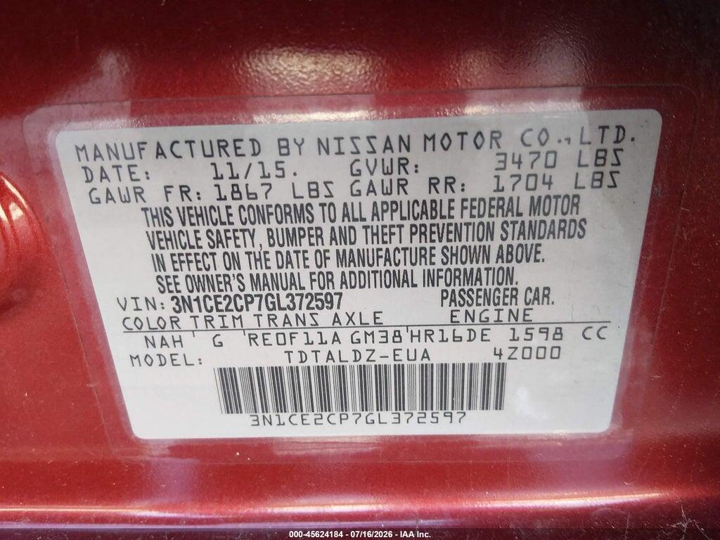 3N1CE2CP7GL372597 2016 NISSAN VERSA NOTE photo no. 9