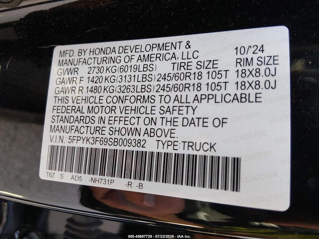 5FPYK3F69SB009382 2025 HONDA RIDGELINE photo no. 9