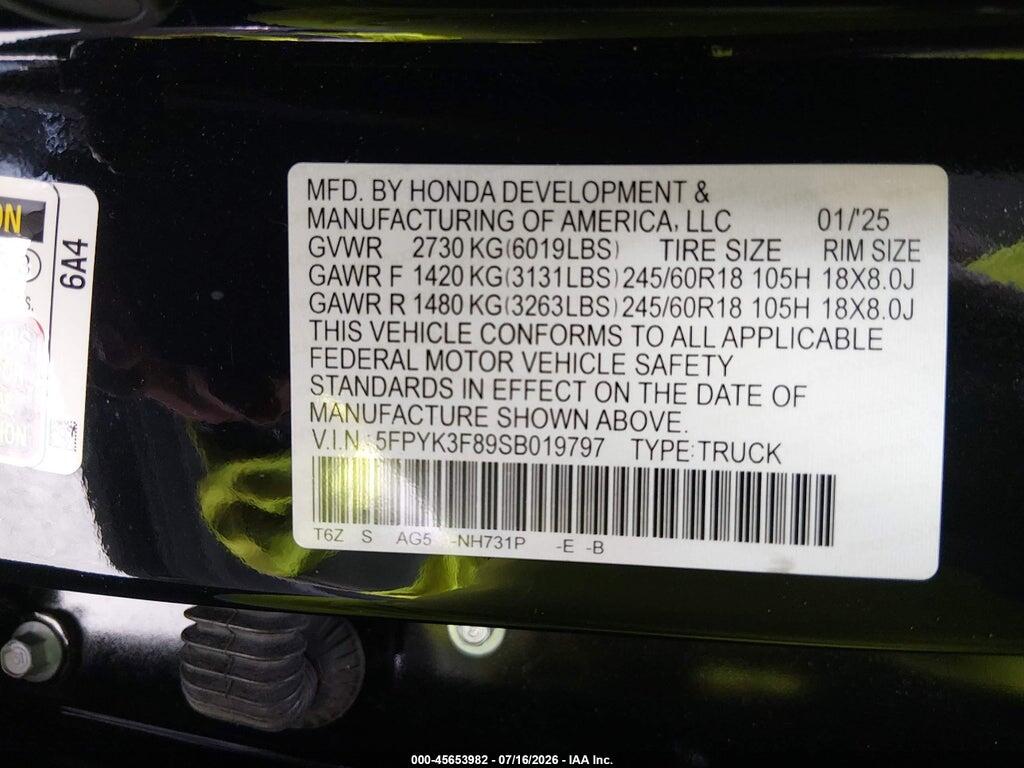 5FPYK3F89SB019797 2025 HONDA RIDGELINE photo no. 9