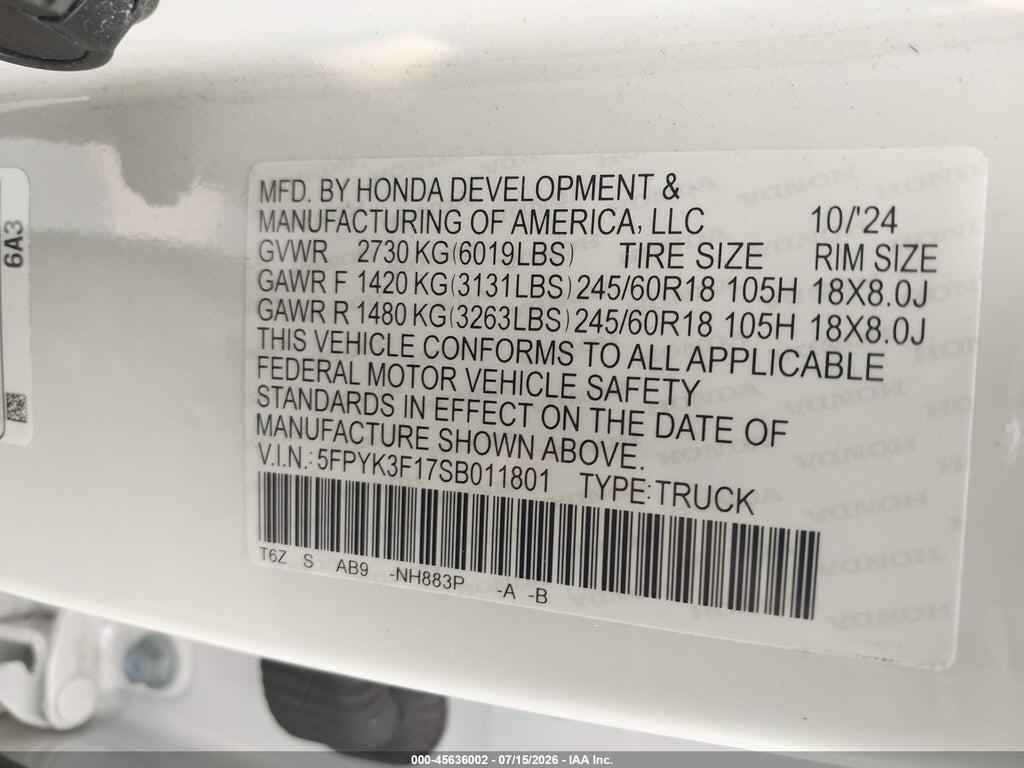 5FPYK3F17SB011801 2025 HONDA RIDGELINE photo no. 9