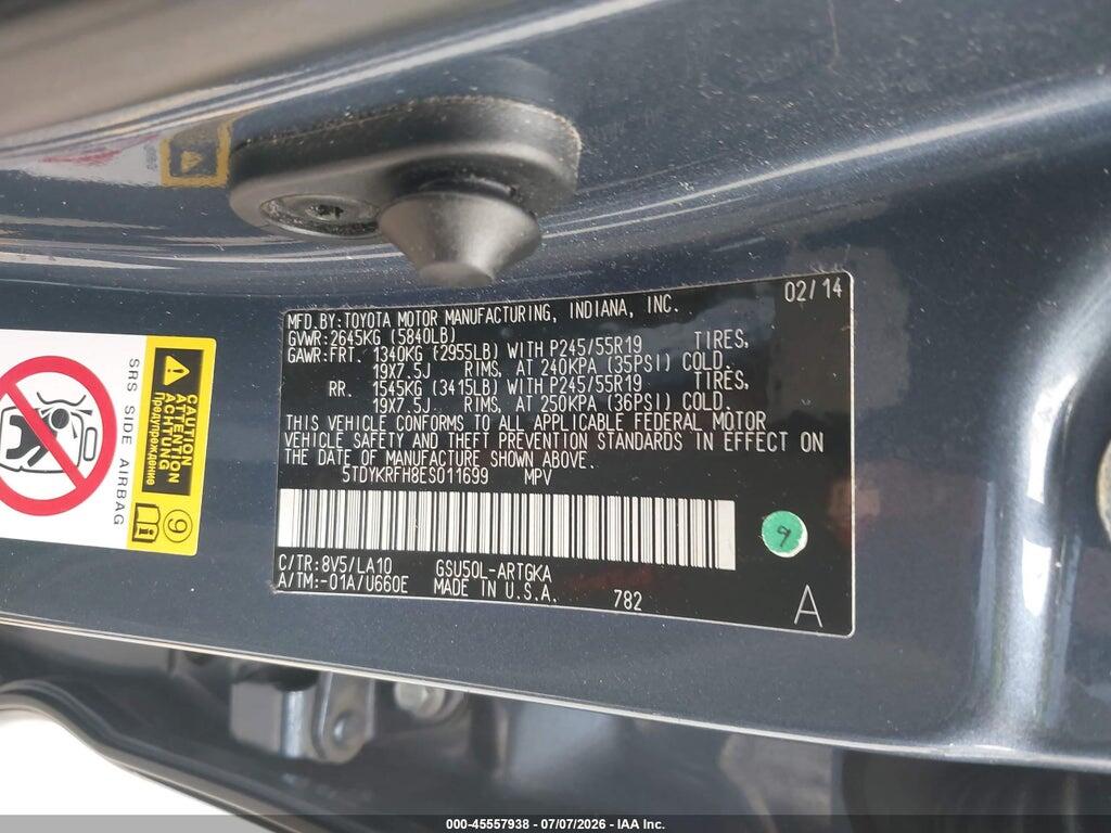 5TDYKRFH8ES011699 2014 TOYOTA HIGHLANDER photo no. 9