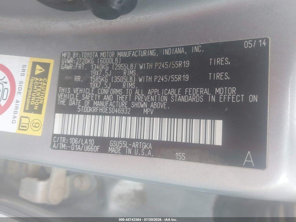 5TDDKRFH0ES046932 2014 TOYOTA HIGHLANDER photo no. 9