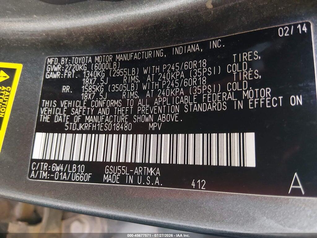 5TDJKRFH1ES018480 2014 TOYOTA HIGHLANDER photo no. 9