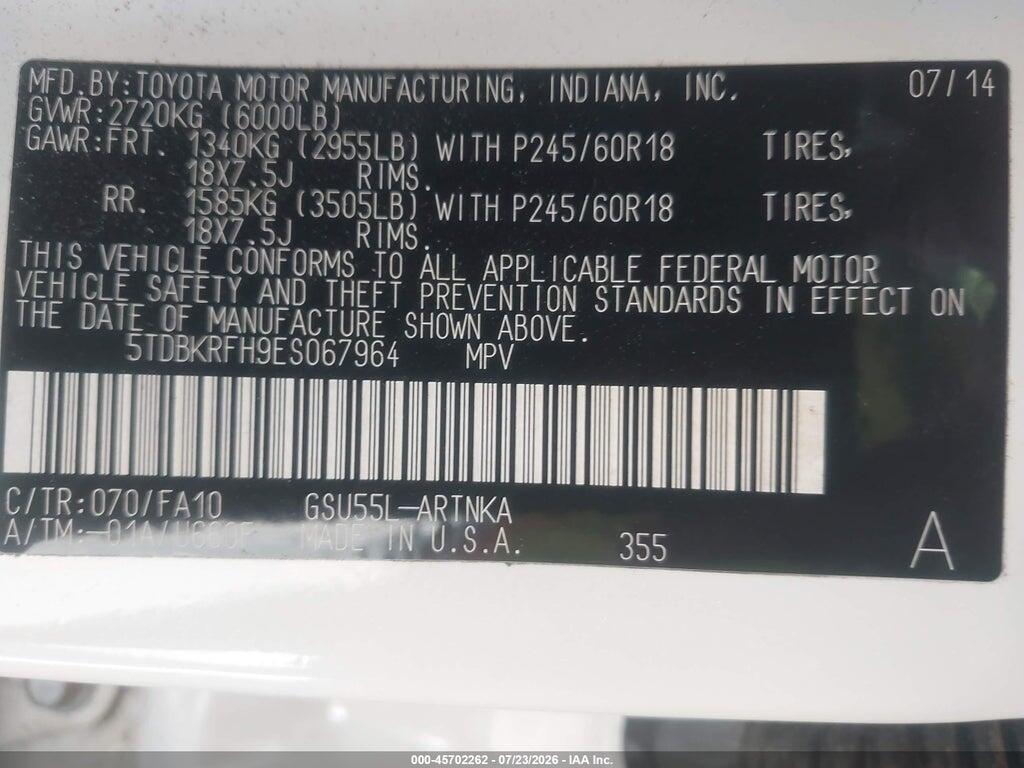 5TDBKRFH9ES067964 2014 TOYOTA HIGHLANDER photo no. 9
