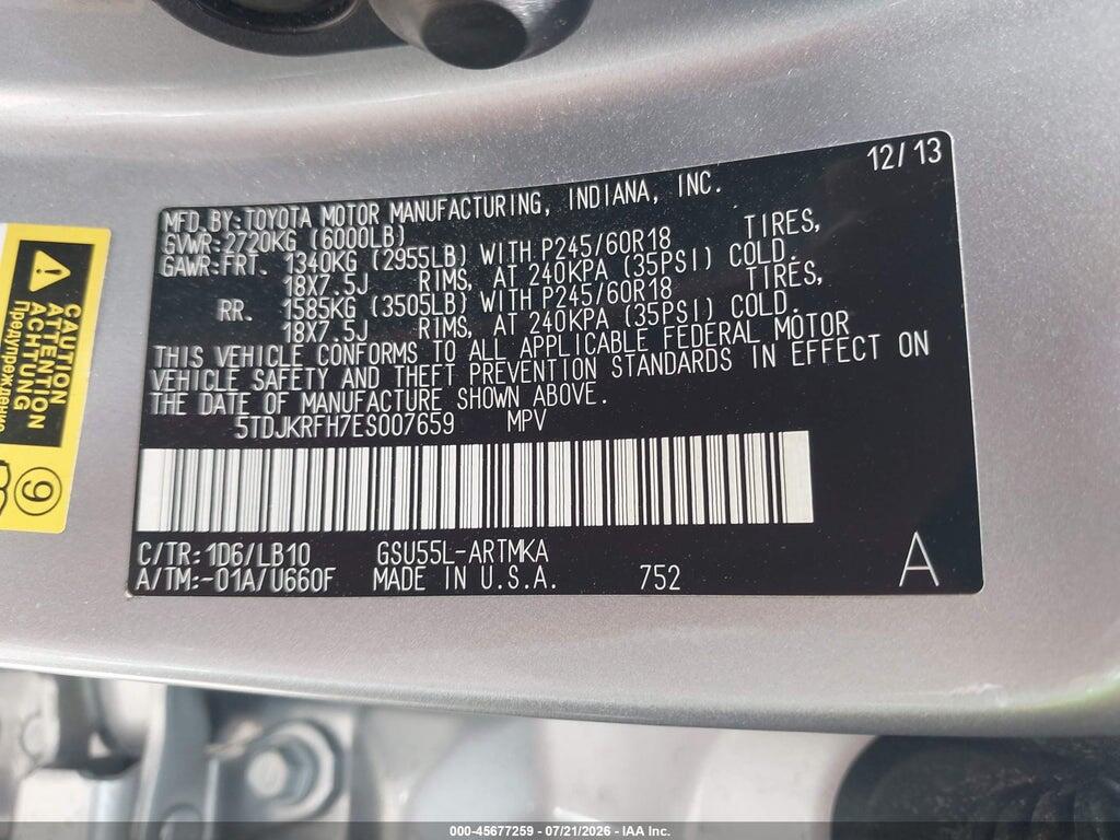 5TDJKRFH7ES007659 2014 TOYOTA HIGHLANDER photo no. 9