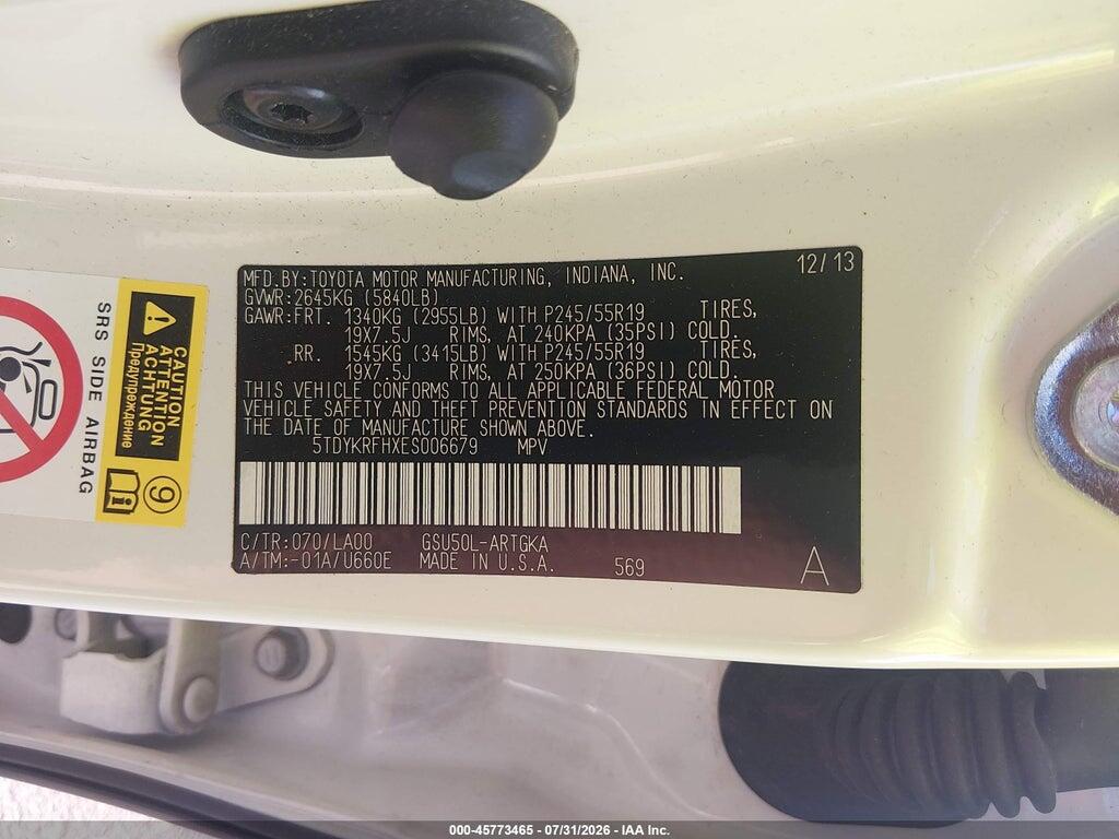 5TDYKRFHXES006679 2014 TOYOTA HIGHLANDER photo no. 9