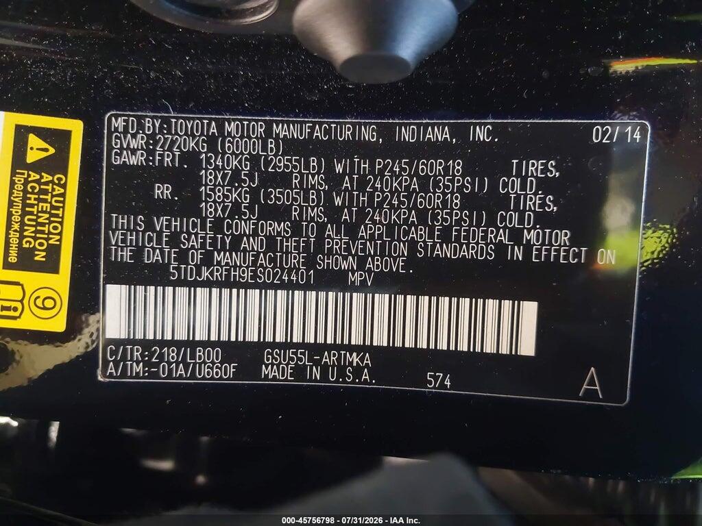 5TDJKRFH9ES024401 2014 TOYOTA HIGHLANDER photo no. 9