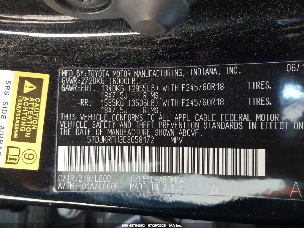 5TDJKRFH3ES058172 2014 TOYOTA HIGHLANDER photo no. 9