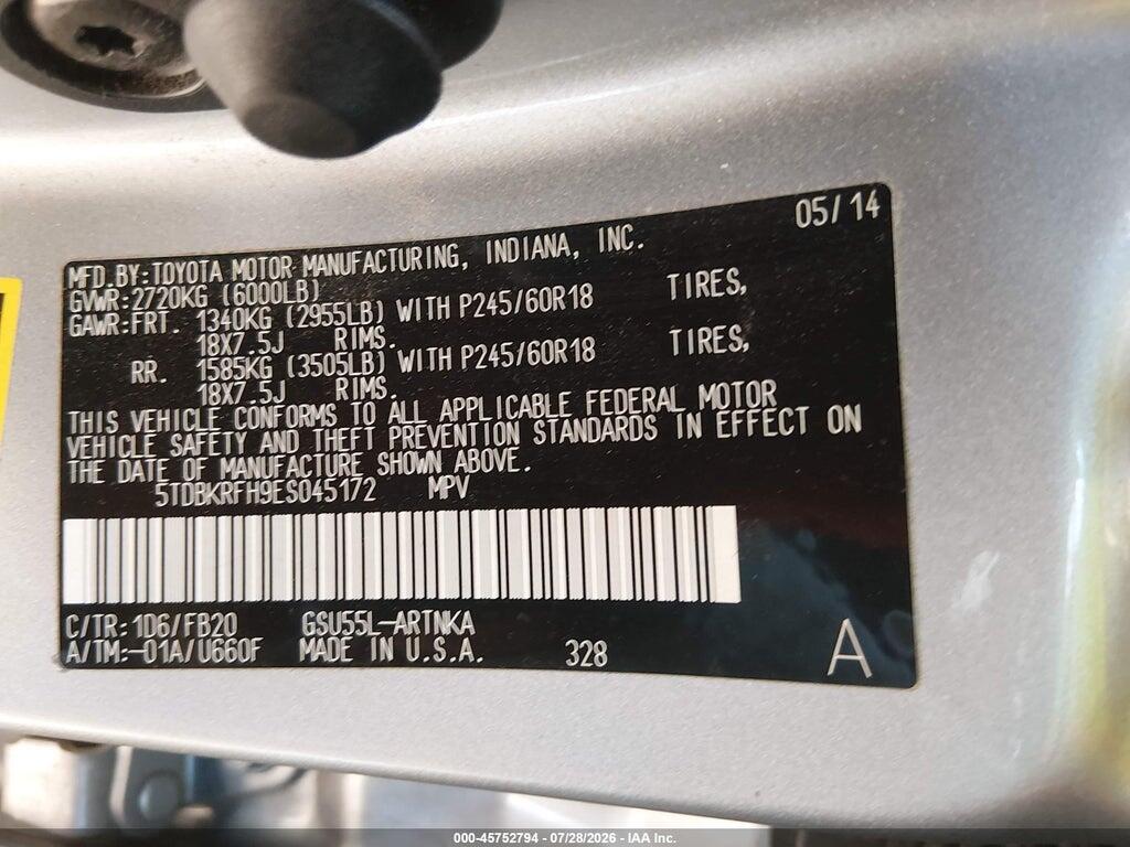 5TDBKRFH9ES045172 2014 TOYOTA HIGHLANDER photo no. 9