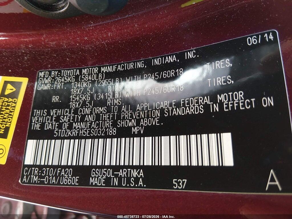 5TDZKRFH5ES032188 2014 TOYOTA HIGHLANDER photo no. 9