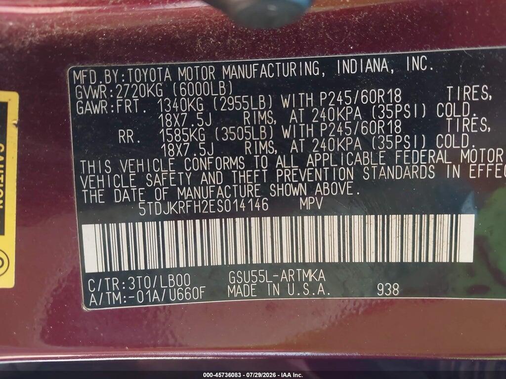 5TDJKRFH2ES014146 2014 TOYOTA HIGHLANDER photo no. 9