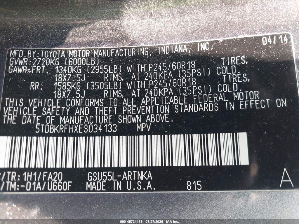 5TDBKRFHXES034133 2014 TOYOTA HIGHLANDER photo no. 9
