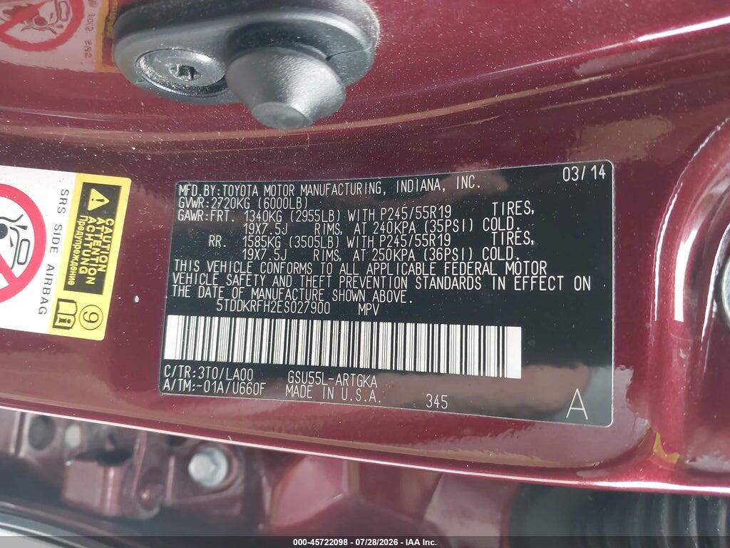 5TDDKRFH2ES027900 2014 TOYOTA HIGHLANDER photo no. 9
