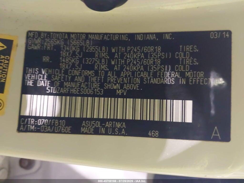 5TDZARFH6ES006153 2014 TOYOTA HIGHLANDER photo no. 9