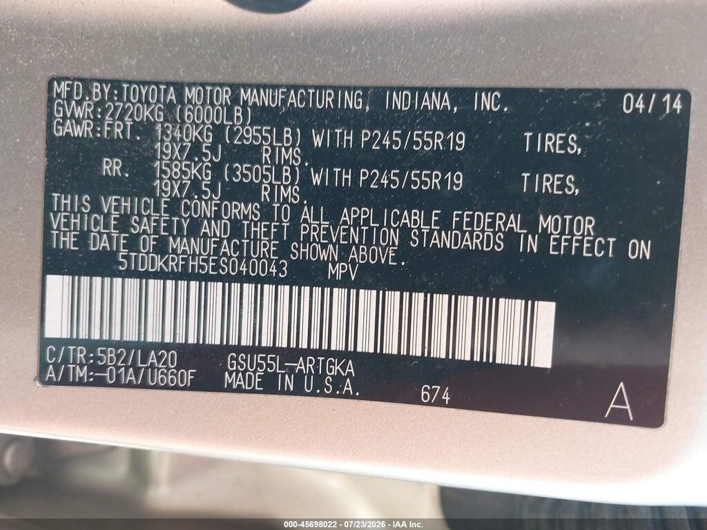 5TDDKRFH5ES040043 2014 TOYOTA HIGHLANDER photo no. 9