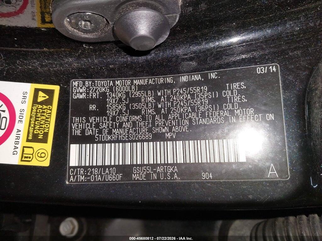 5TDDKRFH5ES026689 2014 TOYOTA HIGHLANDER photo no. 9