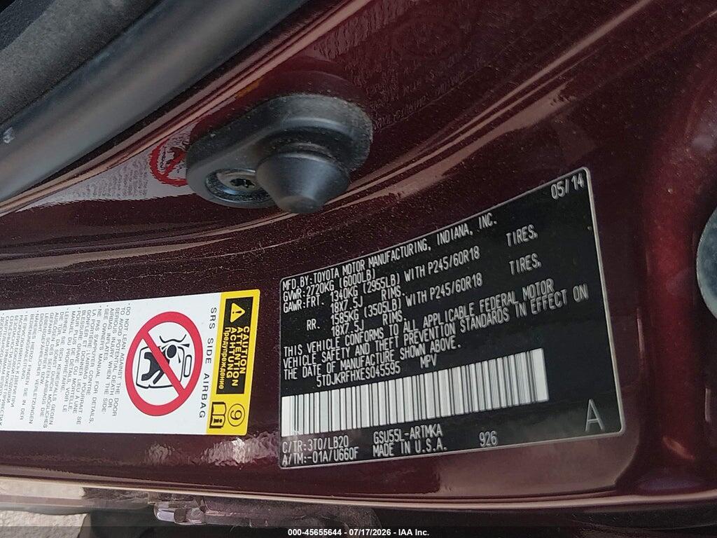 5TDJKRFHXES045595 2014 TOYOTA HIGHLANDER photo no. 9