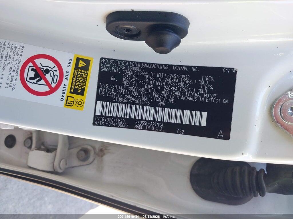 5TDBKRFH7ES011375 2014 TOYOTA HIGHLANDER photo no. 9
