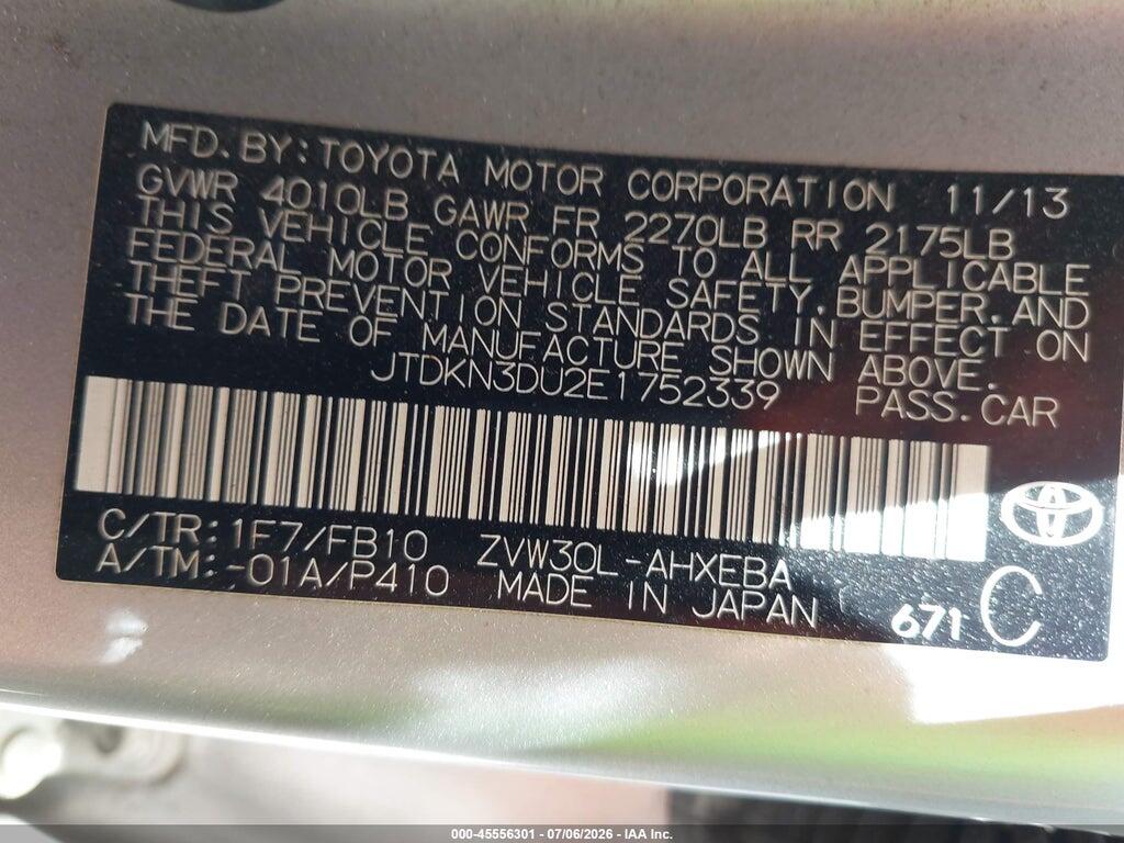 JTDKN3DU2E1752339 2014 TOYOTA PRIUS photo no. 9