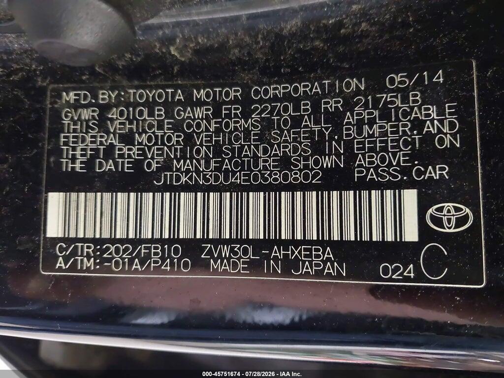 JTDKN3DU4E0380802 2014 TOYOTA PRIUS photo no. 9