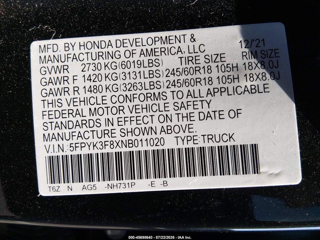 5FPYK3F8XNB011020 2022 HONDA RIDGELINE photo no. 9