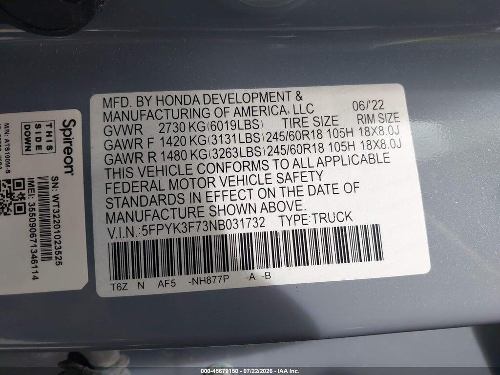 5FPYK3F73NB031732 2022 HONDA RIDGELINE photo no. 9