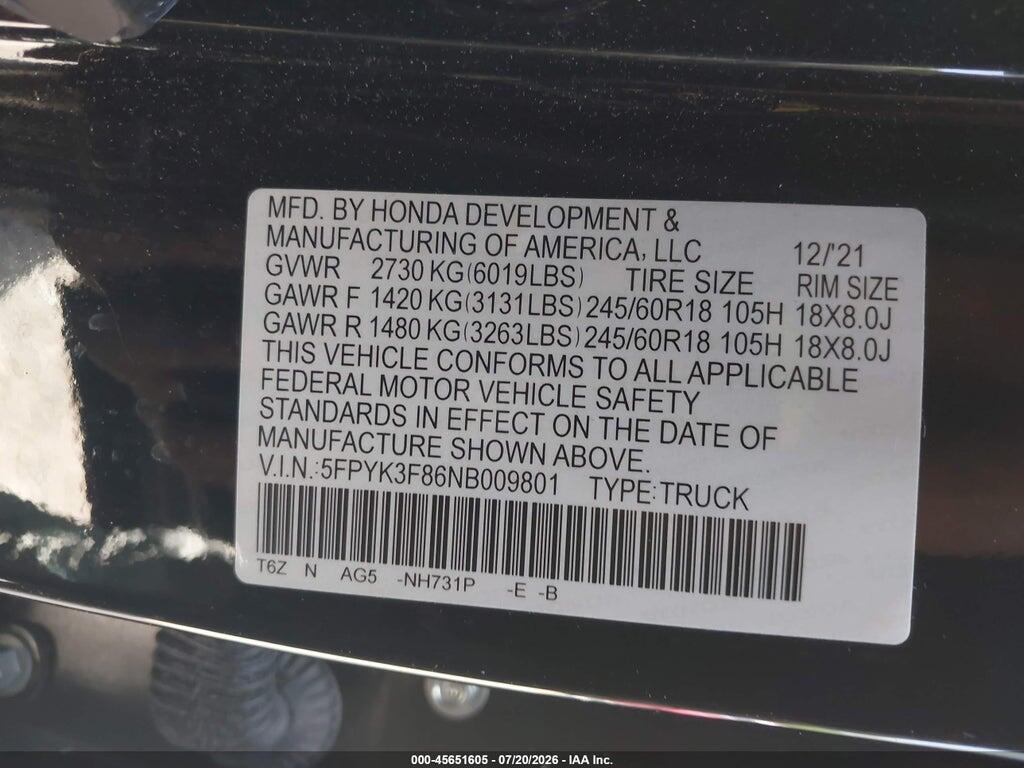 5FPYK3F86NB009801 2022 HONDA RIDGELINE photo no. 9