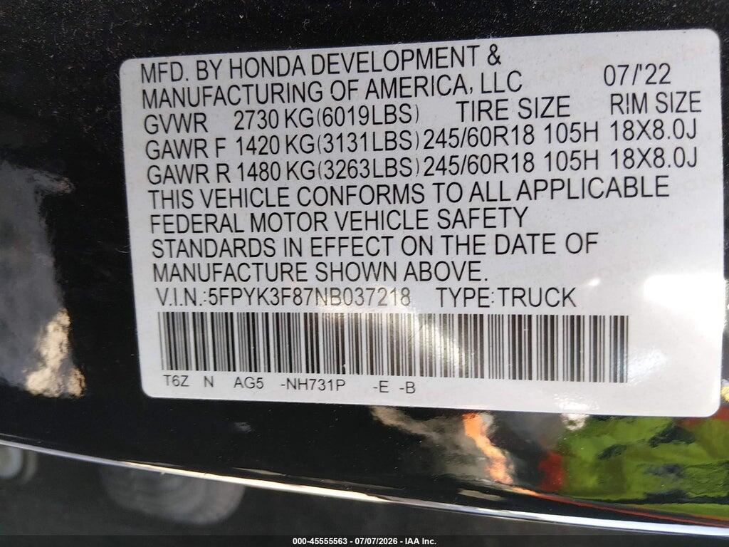 5FPYK3F87NB037218 2022 HONDA RIDGELINE photo no. 9