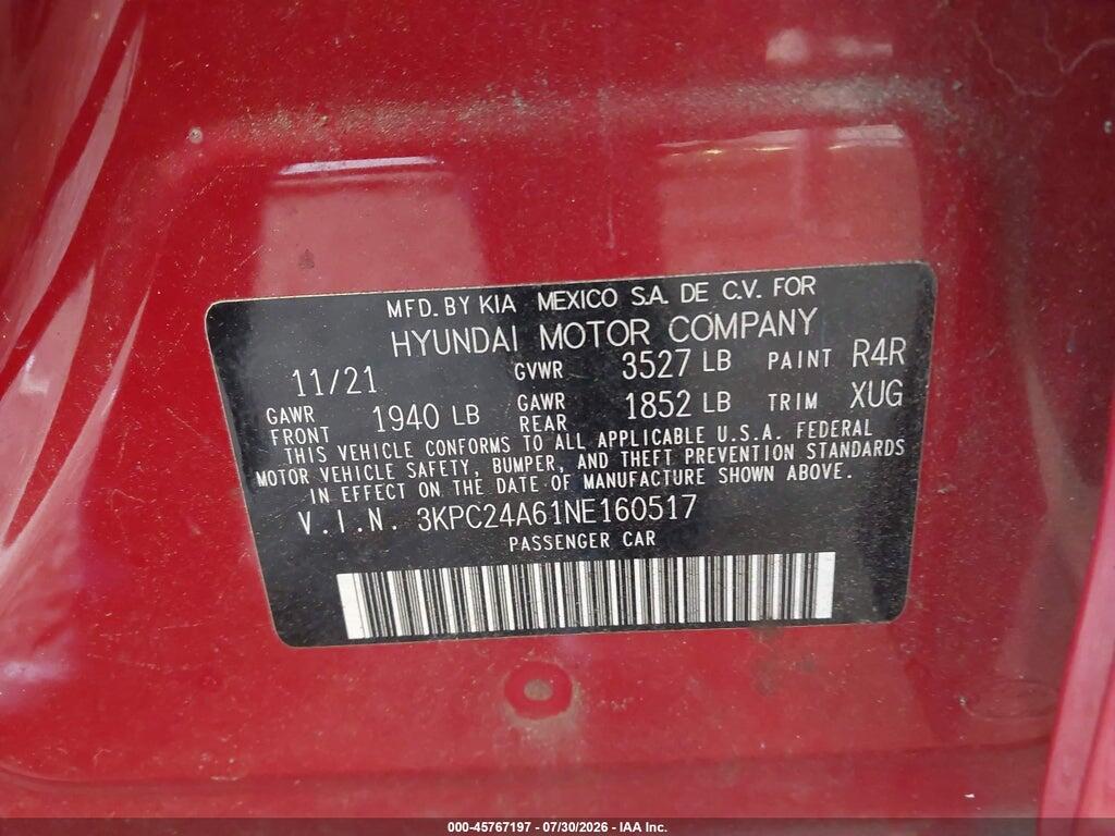 3KPC24A61NE160517 2022 HYUNDAI ACCENT photo no. 9
