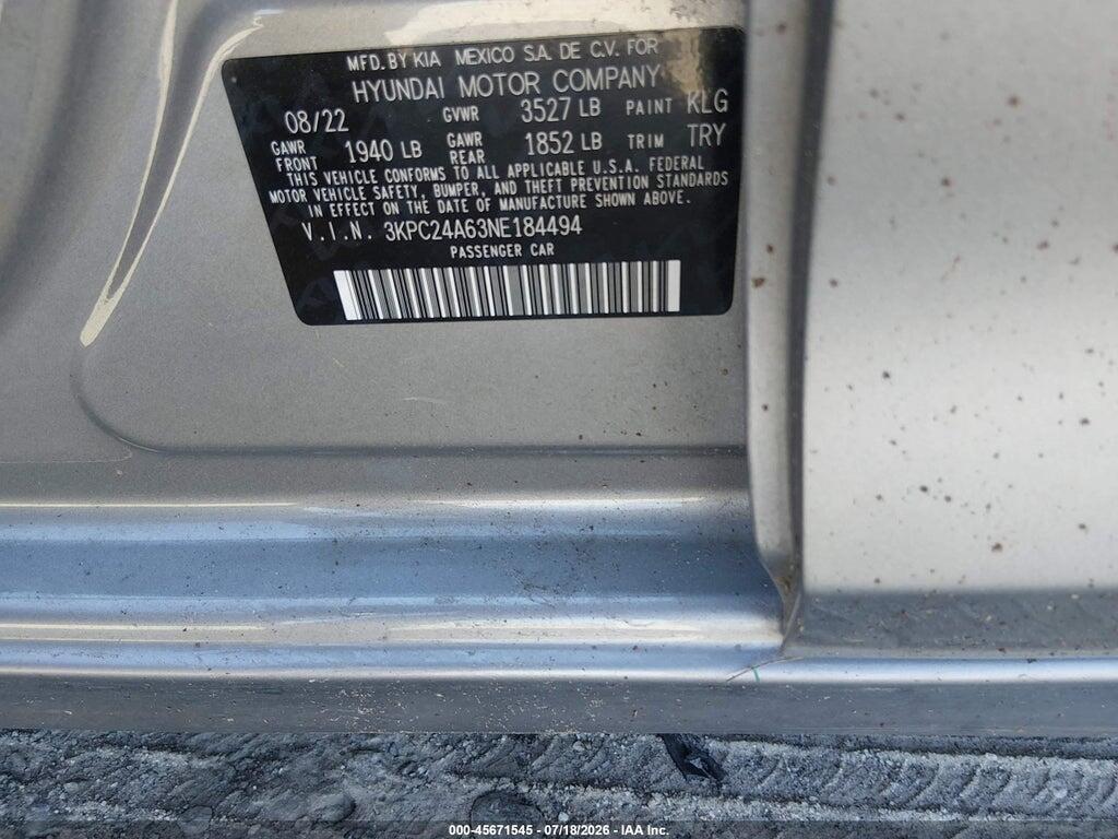 3KPC24A63NE184494 2022 HYUNDAI ACCENT photo no. 9