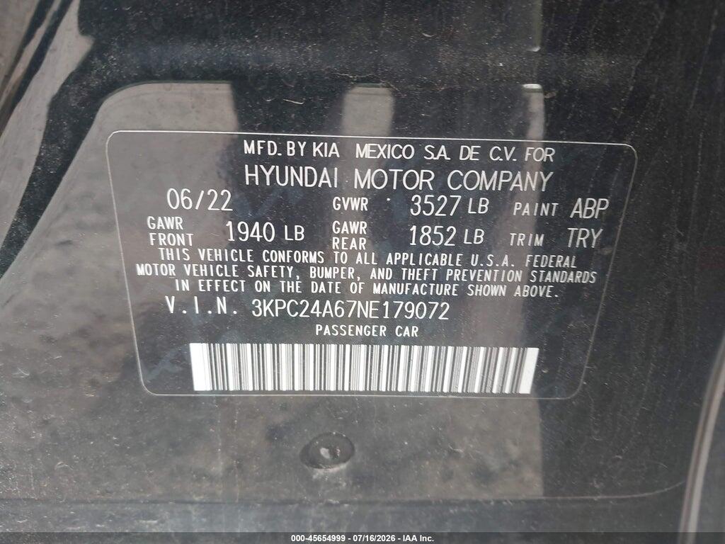 3KPC24A67NE179072 2022 HYUNDAI ACCENT photo no. 9