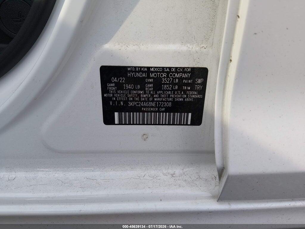 3KPC24A68NE172308 2022 HYUNDAI ACCENT photo no. 9