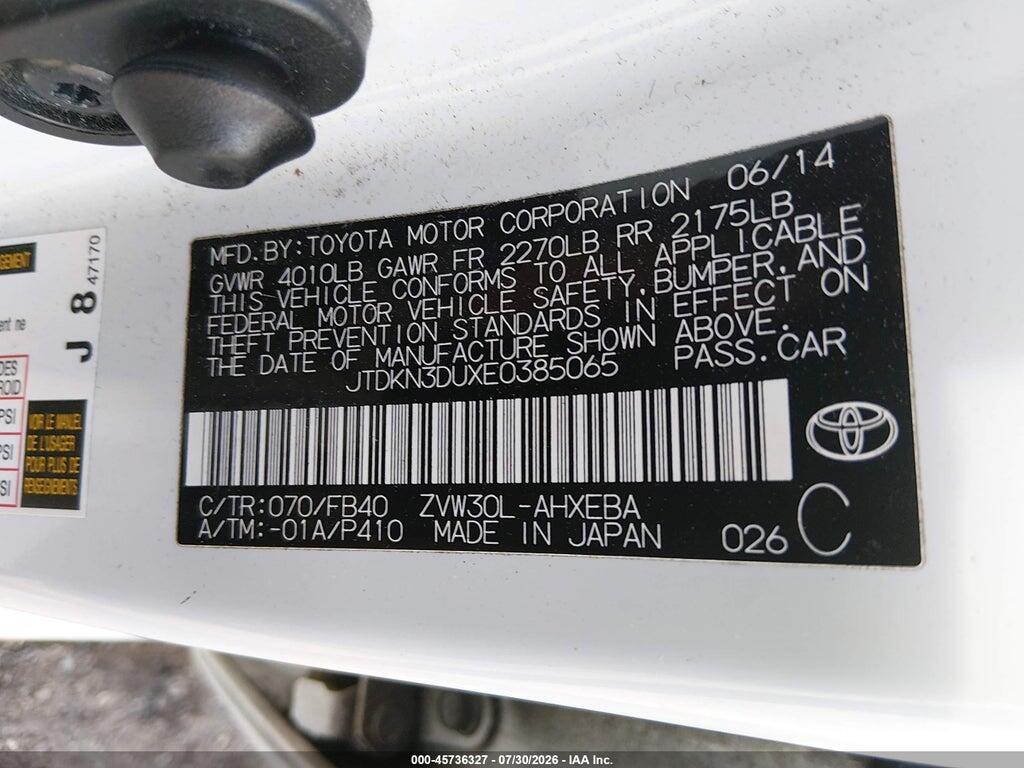 JTDKN3DUXE0385065 2014 TOYOTA PRIUS photo no. 9