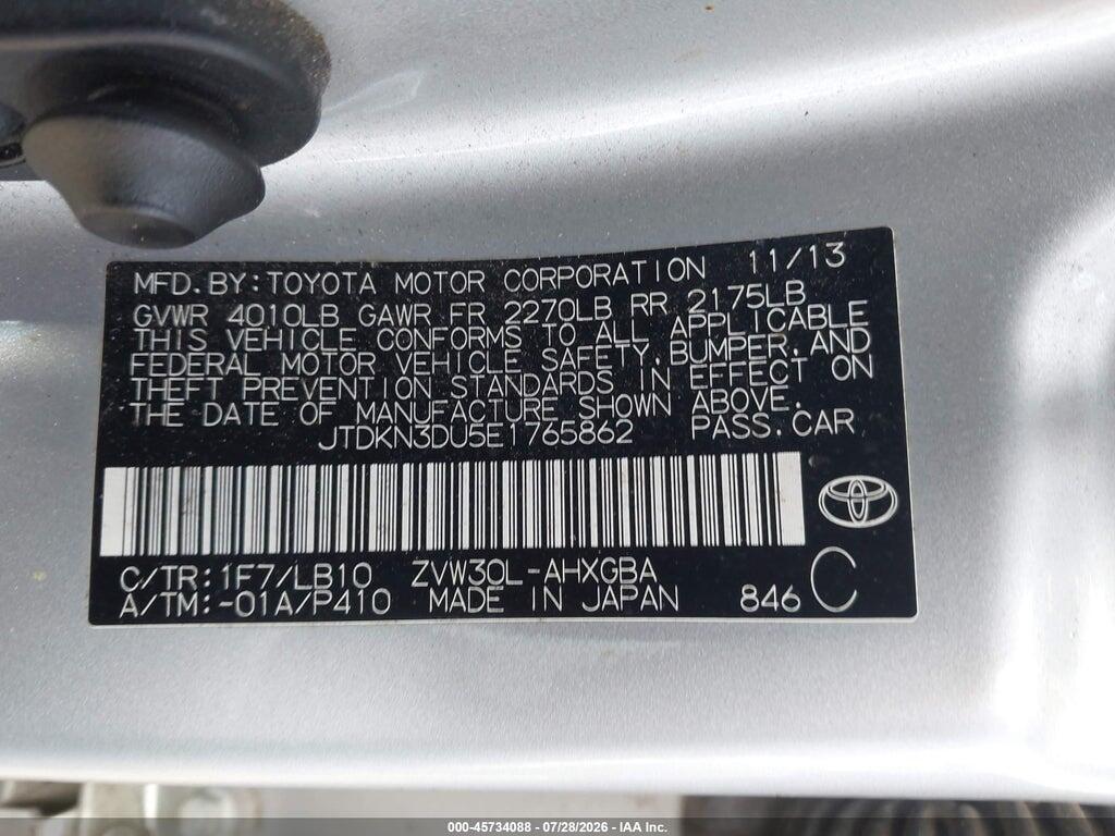 JTDKN3DU5E1765862 2014 TOYOTA PRIUS photo no. 9