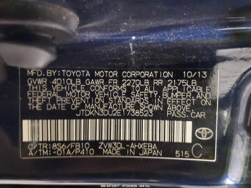 JTDKN3DU2E1738523 2014 TOYOTA PRIUS photo no. 9