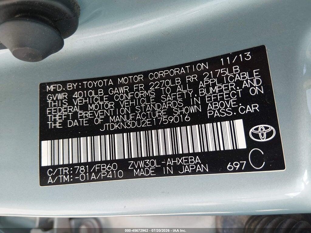 JTDKN3DU2E1759016 2014 TOYOTA PRIUS photo no. 9