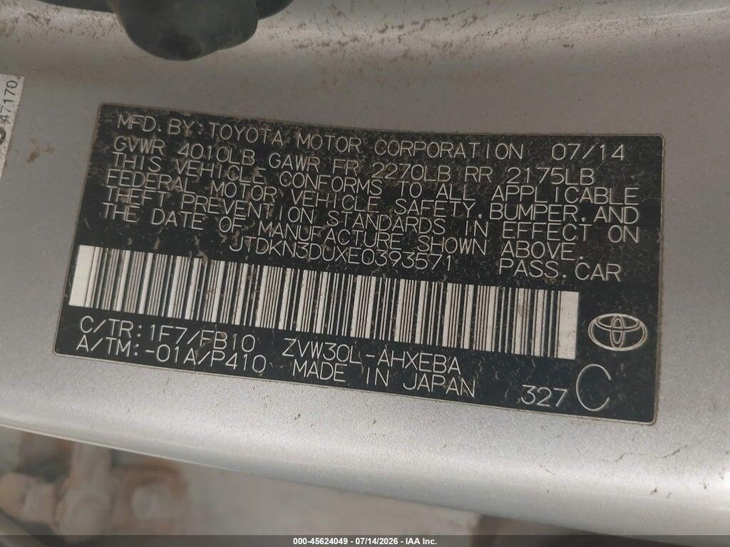 JTDKN3DUXE0393571 2014 TOYOTA PRIUS photo no. 9