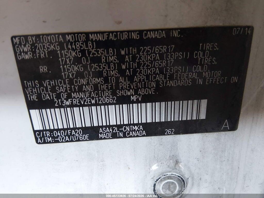 2T3WFREV2EW120662 2014 TOYOTA RAV4 photo no. 9