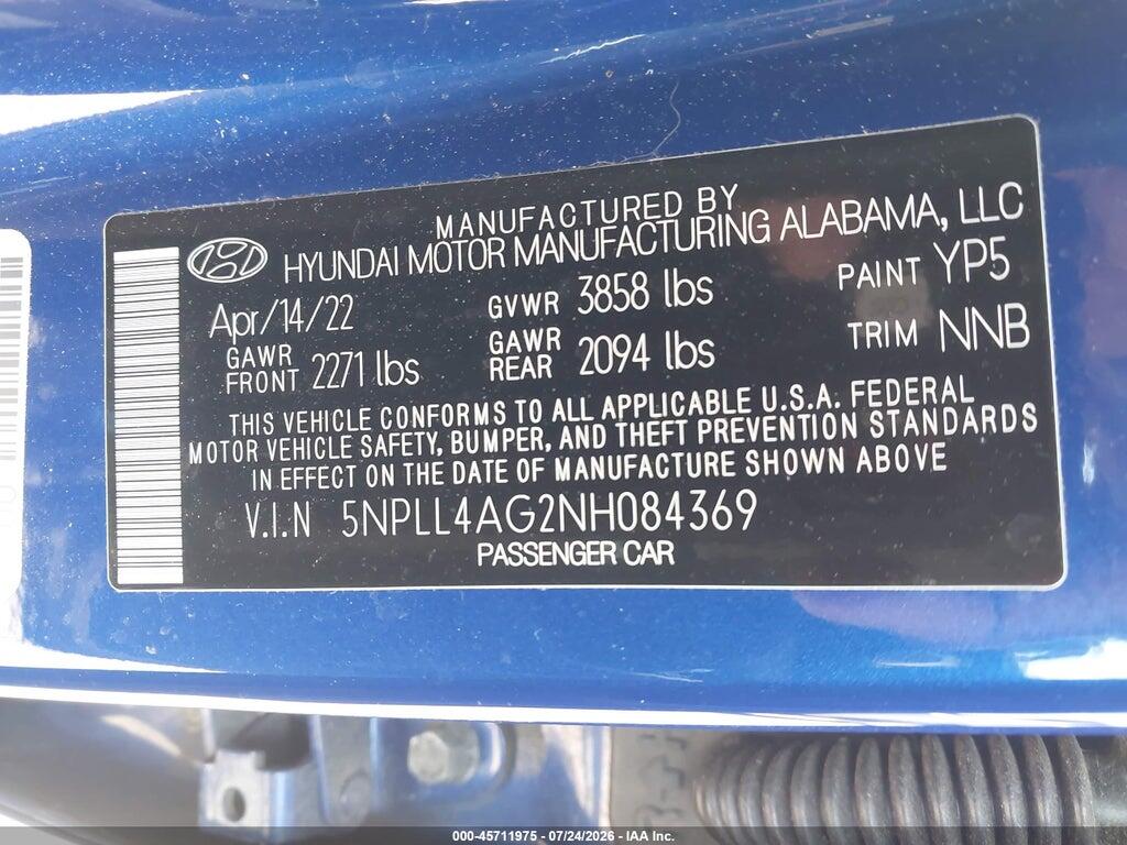 5NPLL4AG2NH084369 2022 HYUNDAI ELANTRA photo no. 9